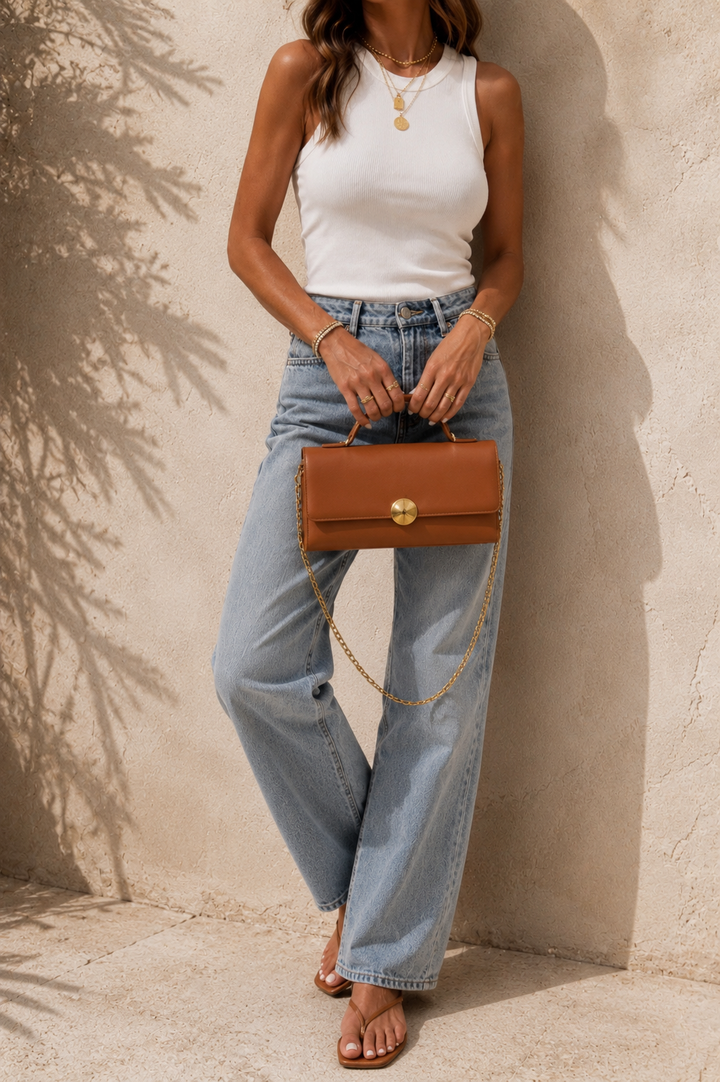 Woman holding a brown handbag against a beige wall. Tan Top Handle Clutch Bag. 