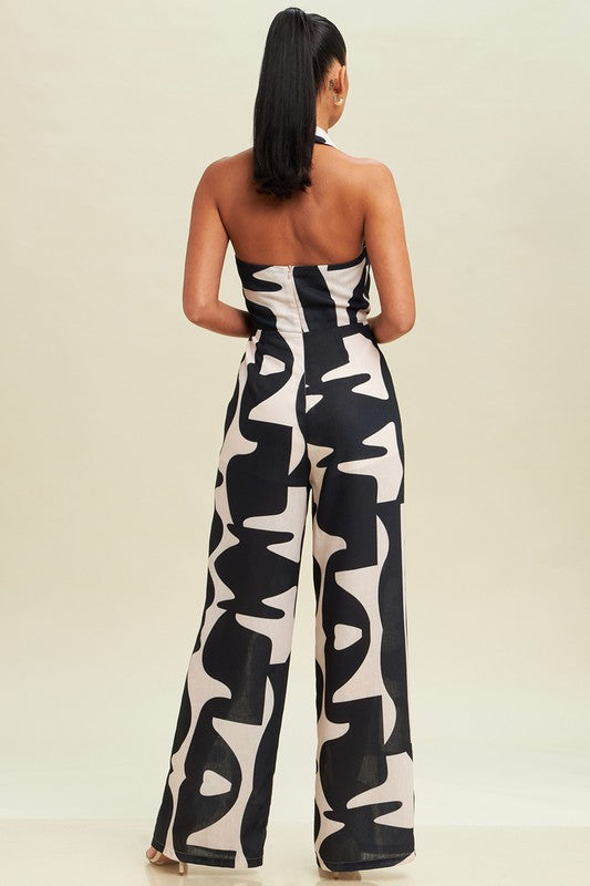 back of the Taupe Black Linen Abstract Jumpsuit  