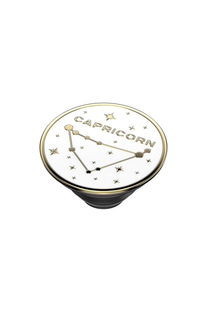 A round pop socket grip featuring a white top with a gold-trimmed border, the word &