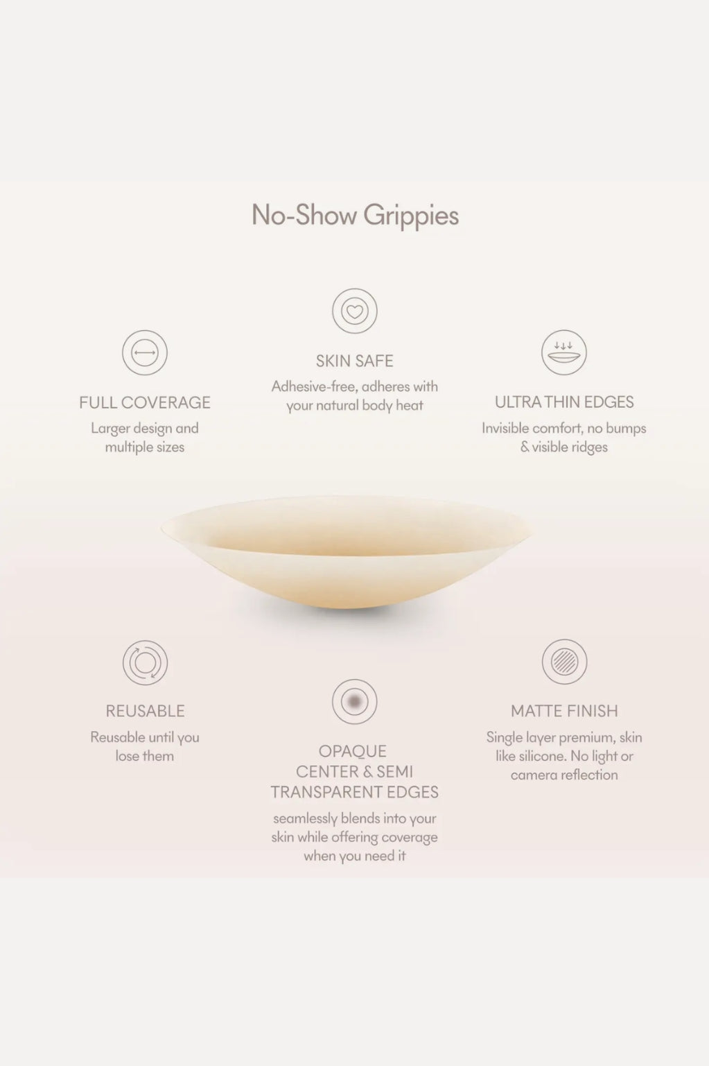 Product features of No-Show Grippies with text on a gradient background