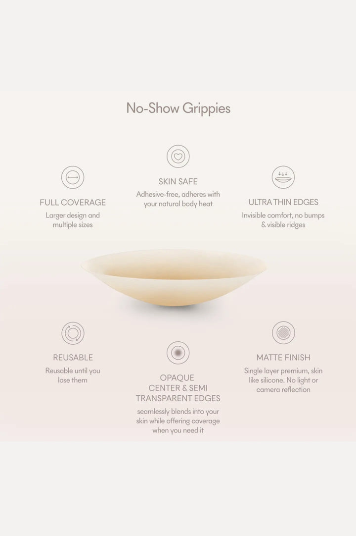 Product features of No-Show Grippies with text on a gradient background