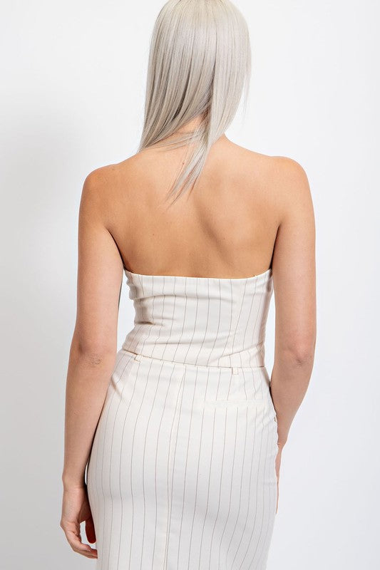 back of the Ivory Pinstripe Strapless Crop Top
