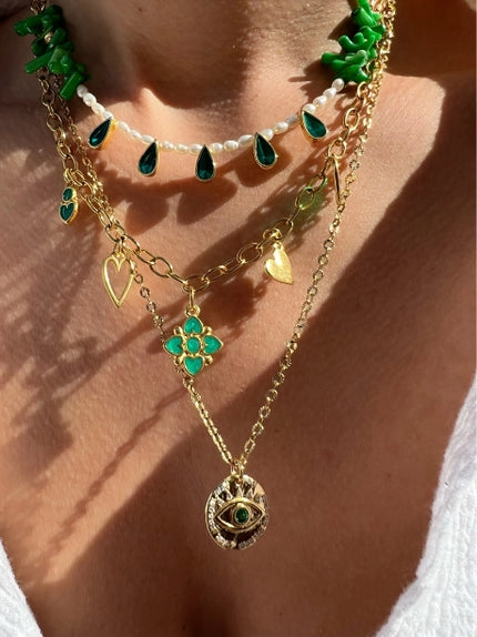 STYLED BY ALX COUTURE MIAMI BOUTIQUE Emerald Gold Chain Pearls Beaded Necklace