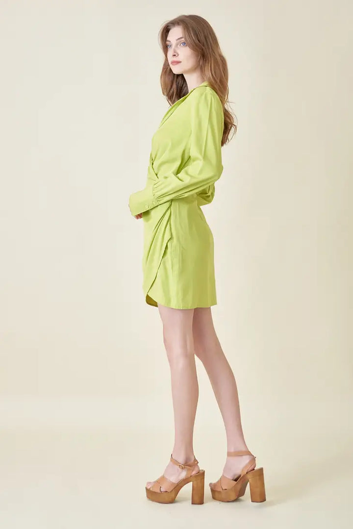 STYLED BY ALX COUTURE MIAMI BOUTIQUE Lime Long Sleeve V Neckline Side Wrap Mini Dress 