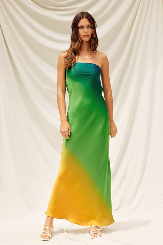 model is wearing Ibiza Sunset Ombre Clasp Back Maxi Dress