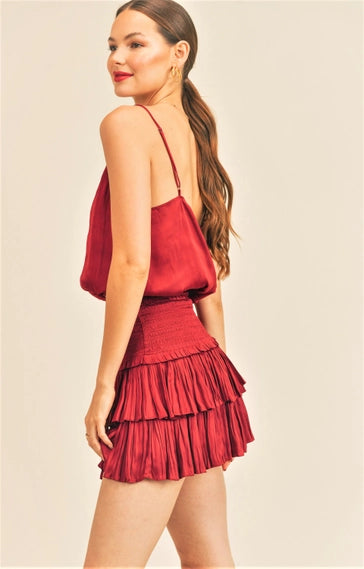 STYLED BY ALX COUTURE MIAMI BOUTIQUE Deep Red Silky Amore Top and Smock Skirt Set