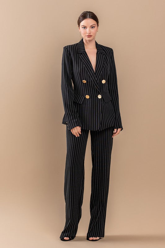 model is wearing Black Stripe Jacket Suit Set 
