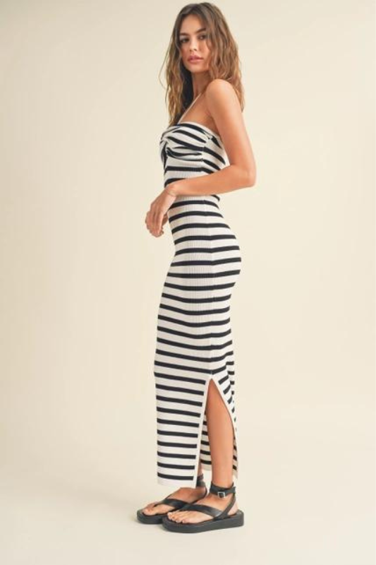 STYLED BY ALX COUTURE MIAMI BOUTIQUE Model is wearing White Black Striped Knitted Knot Front Maxi Dress