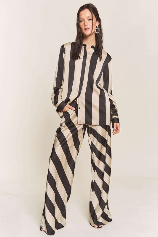STYLED BY ALX COUTURE MIAMI BOUTIQUE Black White Striped Button Down Shirt Pants Set