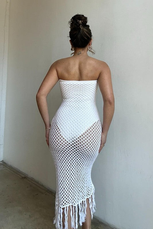 back of the White Crochet Tassel Midi Dress