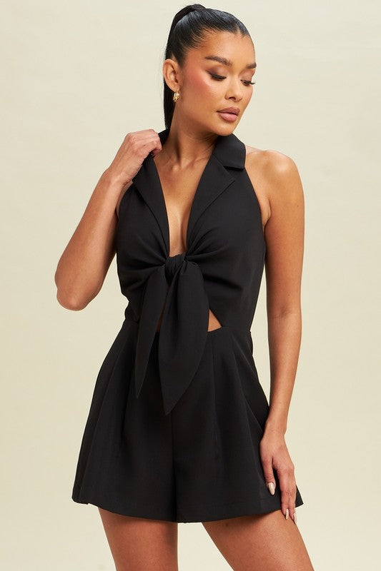 STYLED BY ALX COUTURE MIAMI BOUTIQUE Black Halter Tie Front Playsuit 
