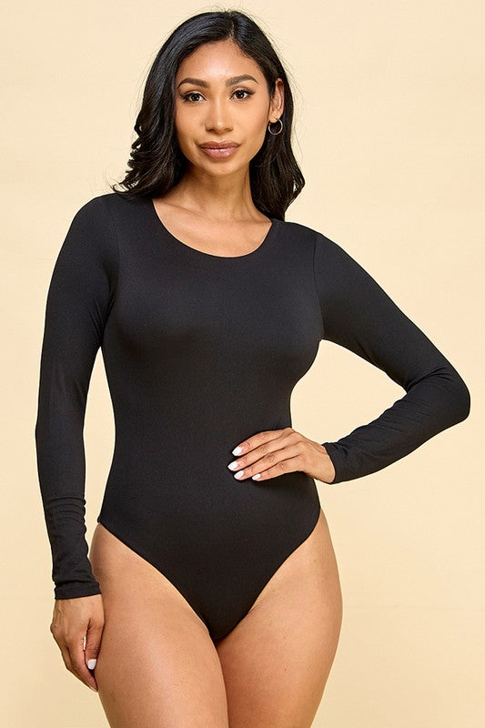 STYLED BY ALX COUTURE MIAMI BOUTIQUE Black Crew Neck Double Layered Long Sleeve Bodysuit