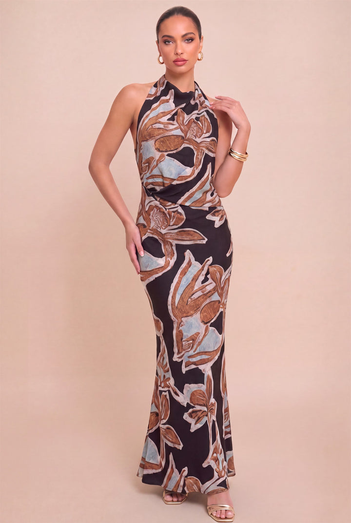 Front view of Luxxel brown and pale blue abstract floral cowl halter maxi dress