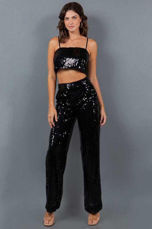 STYLED BY ALX COUTURE MIAMI BOUTIQUE Black Sequin Crop Top Straight Leg High Waisted Pants Set