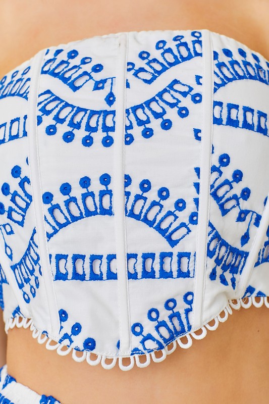 Blue White Eyelet Lace Top. Close up view of details 