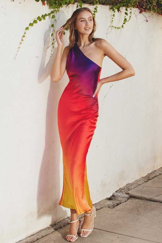 Model wearing Sunset One Shoulder Maxi Dress with white high heels 