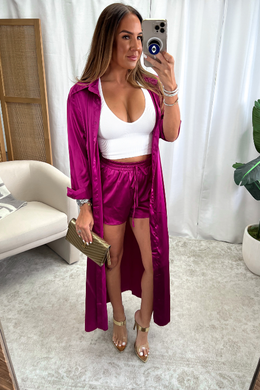 STYLED BY ALX COUTURE MIAMI BOUTIQUE Magenta Satin Maxi Shirt and Shorts Set 