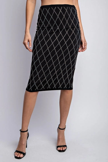 STYLED BY ALX COUTURE MIAMI BOUTIQUE Black Knit Midi Skirt with Rhinestone