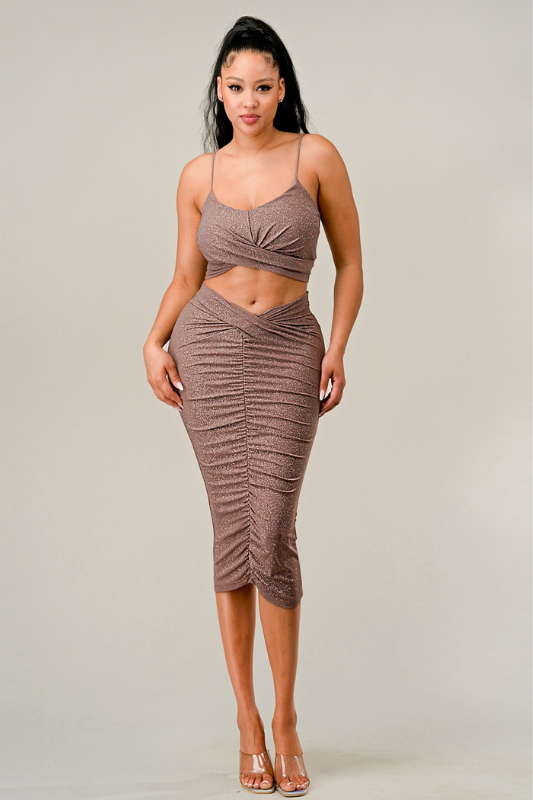 STYLED BY ALX COUTURE MIAMI BOUTIQUE Mauve Glitter Twist Crop Top Midi Skirt Set