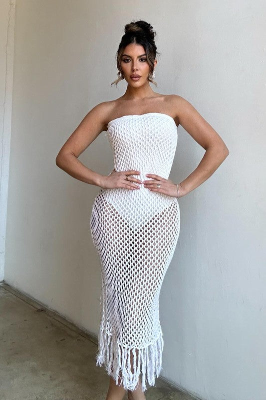 model is wearing White Crochet Tassel Midi Dress
