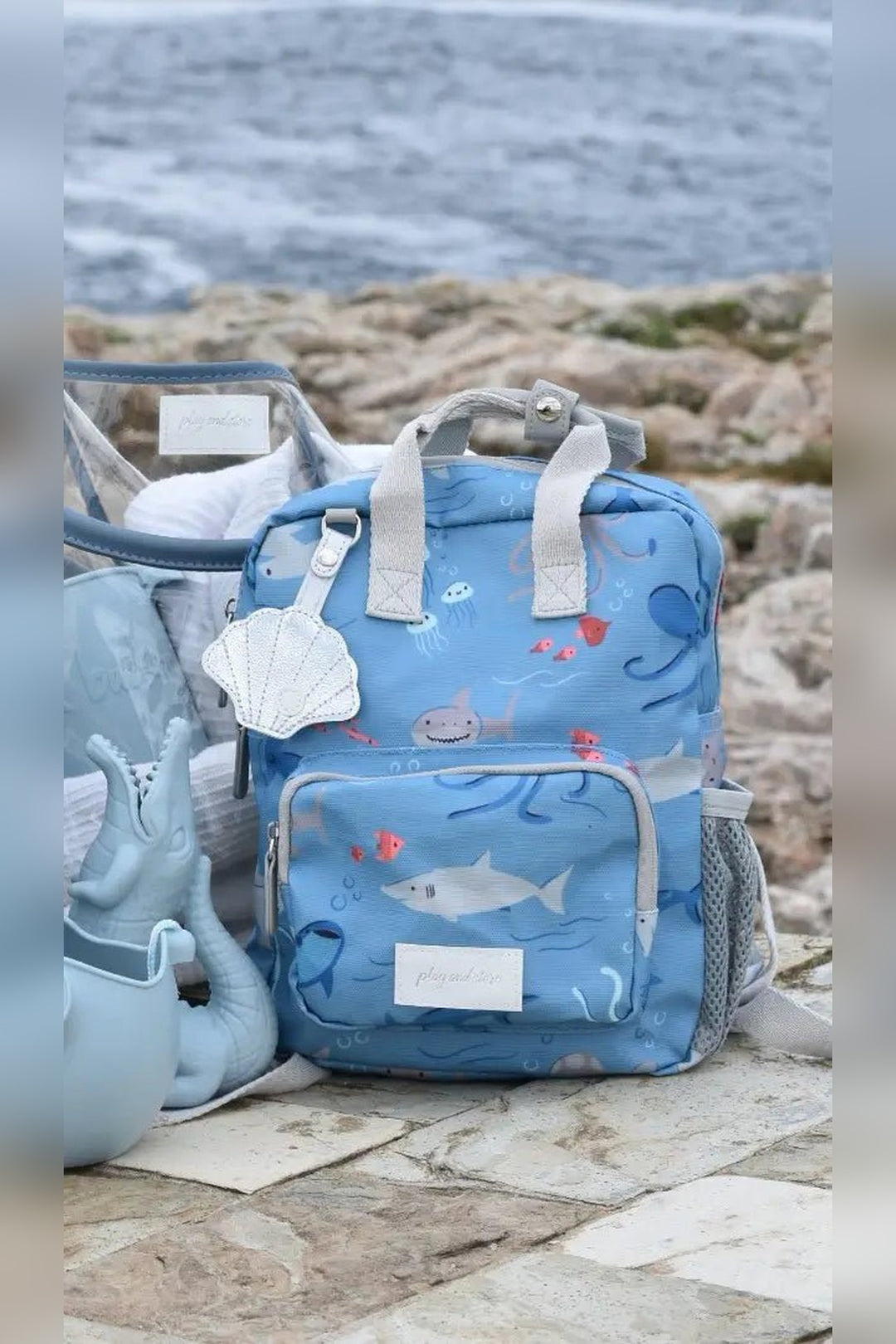 Sharks print mini backpack in a polyester blend with padded handles - STYLED BY ALX COUTURE