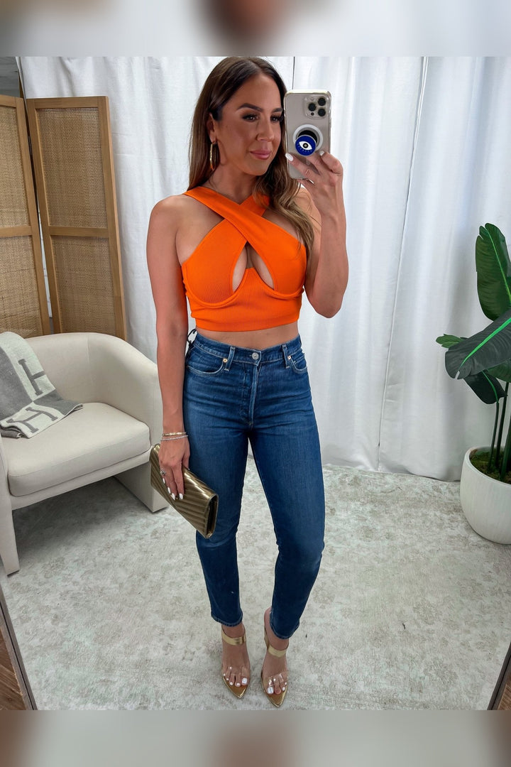 Orange Wired Cross Front Crop Tank - STYLED BY ALX COUTUREShirts &amp; Tops