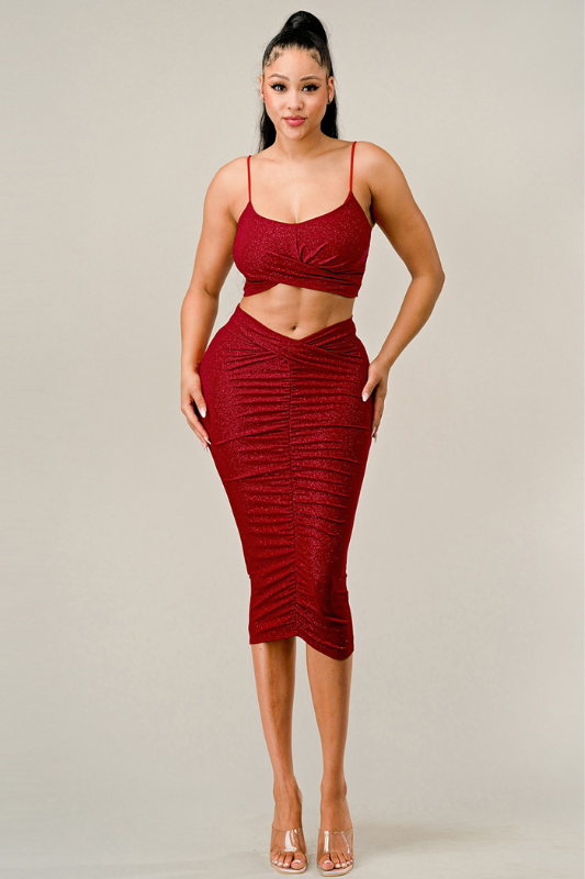 STYLED BY ALX COUTURE MIAMI BOUTIQUE Red Glitter Twist Crop Top Midi Skirt Set