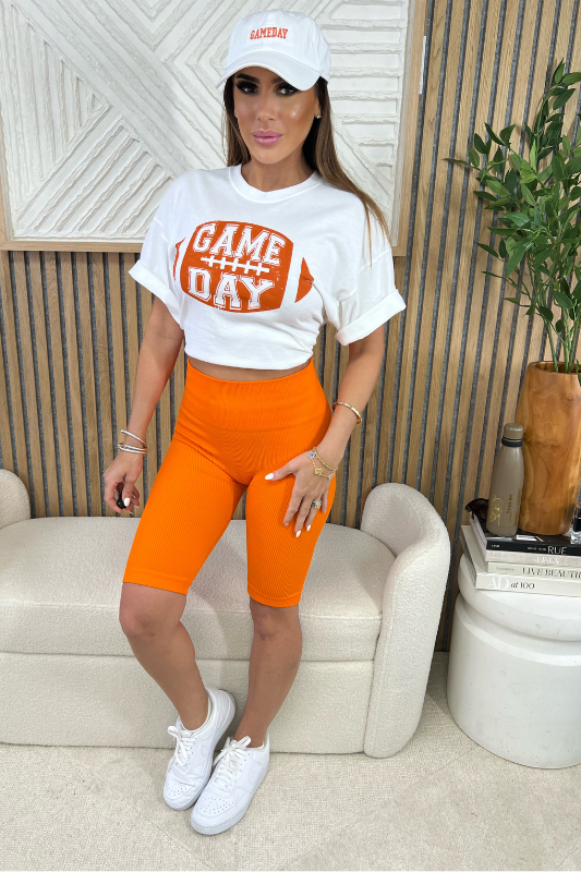 STYLED BY ALX COUTURE MIAMI BOUTIQUE White Orange Game Day Football Graphic Crop Tee