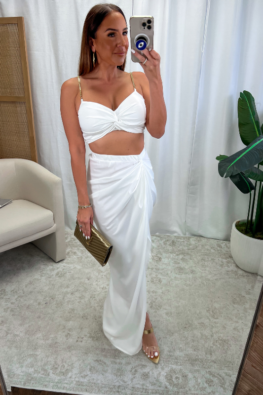 STYLED BY ALX COUTURE MIAMI BOUTIQUE White Two Piece Solid Woven Skirt Set