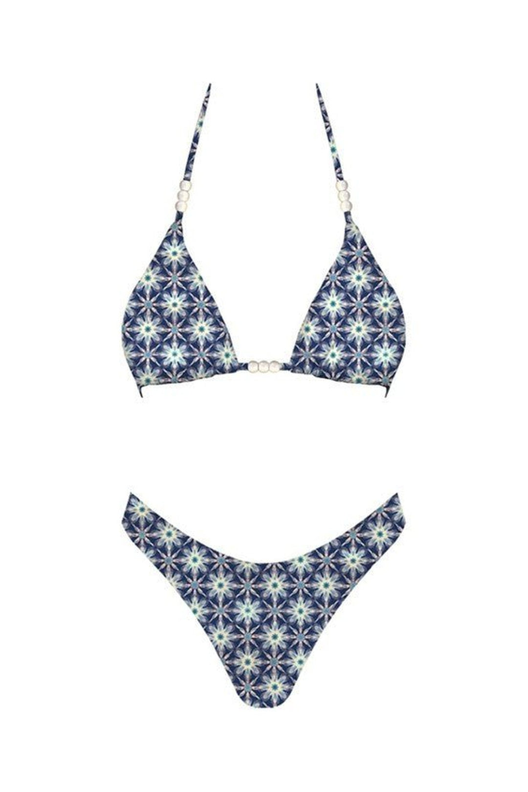 Como navy and teal mosaic print bikini set with faux pearl beaded triangle top