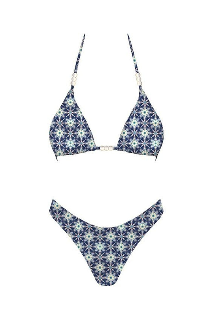 Como navy and teal mosaic print bikini set with faux pearl beaded triangle top