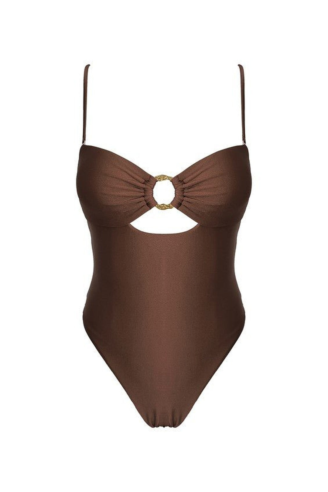 London cocoa brown one piece swimsuit with gold ring cutout beneath the bust