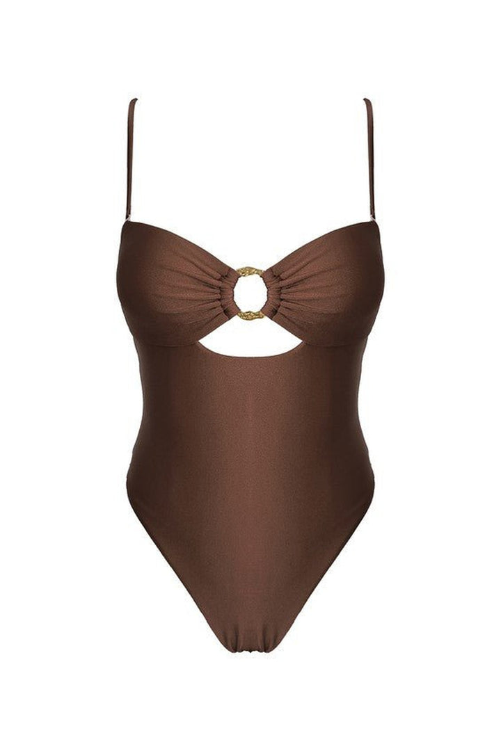 London cocoa brown one piece swimsuit with gold ring cutout beneath the bust