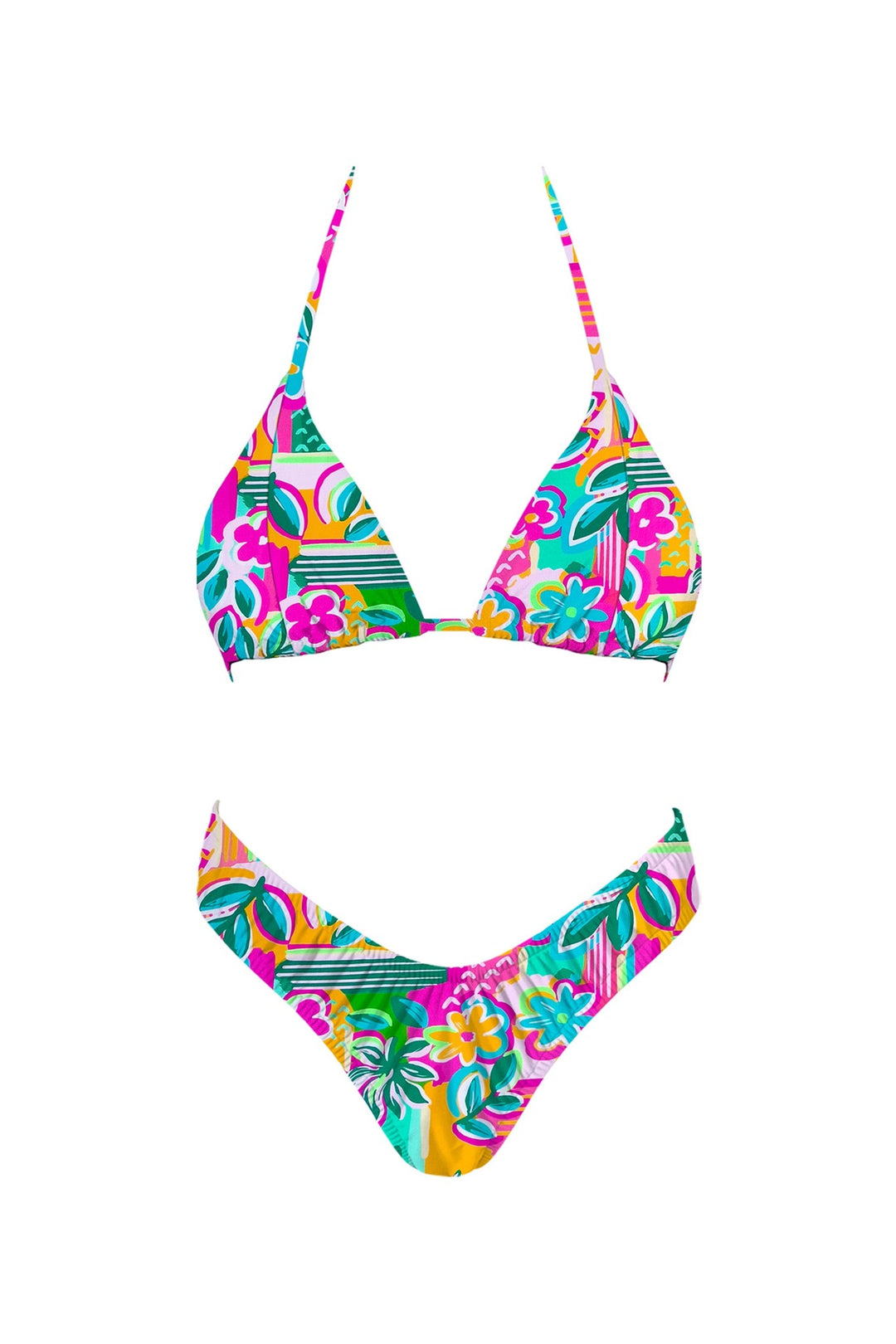 A two-piece bikini set with a vibrant, multicolor tropical floral and leaf print, shown flat against a solid white background.