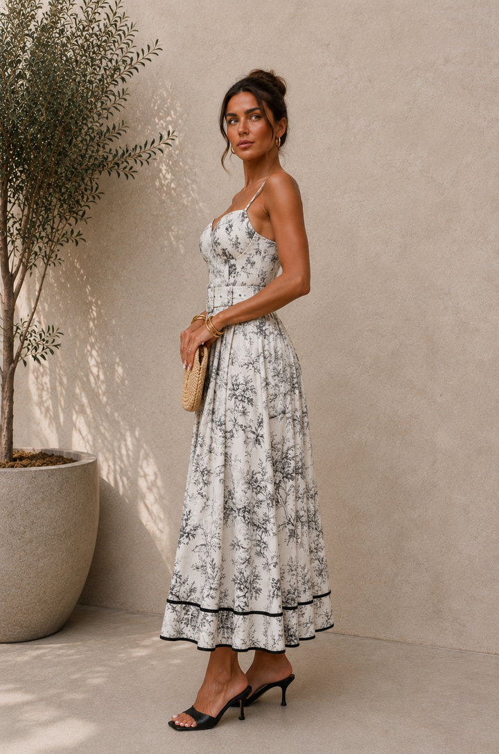 A woman models a sleeveless white midi dress with a black floral print, featuring thin spaghetti straps, a defined waist, and a flared skirt. She is standing in front of a textured beige stucco wall next to a potted olive tree, holding a small woven clutch.