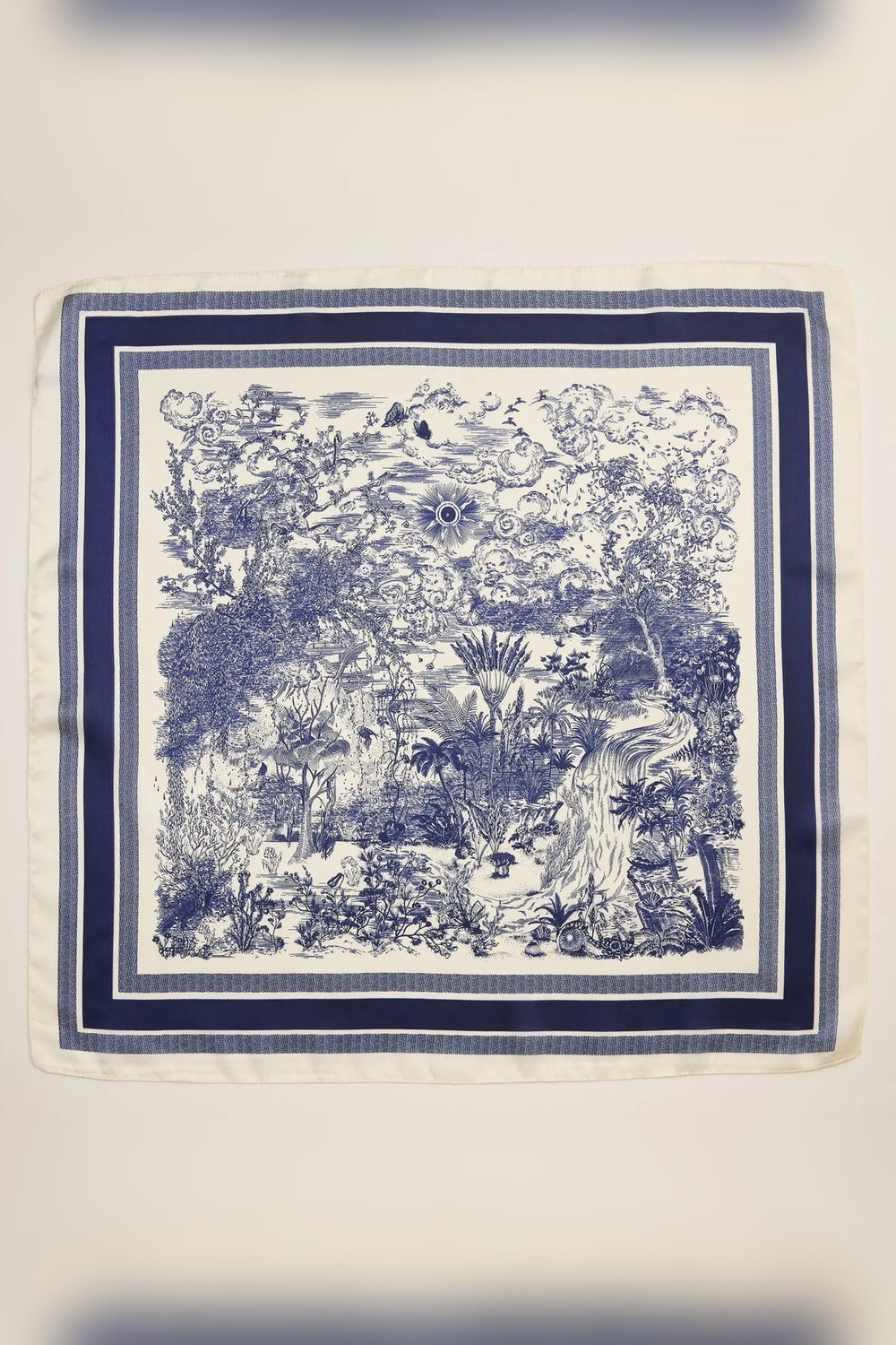 Intricate nature inspired toile scene on a silk feel polyester scarf