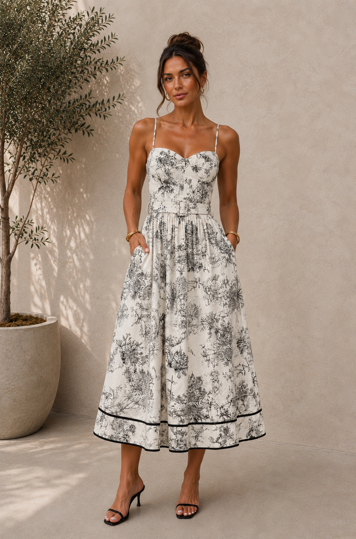 A woman models a sleeveless midi dress with a black floral toile pattern on a white background, featuring thin spaghetti straps, a sweetheart neckline, side pockets, and a matching self-tie belt at the waist. She is standing in front of a textured beige wall next to a potted olive tree.