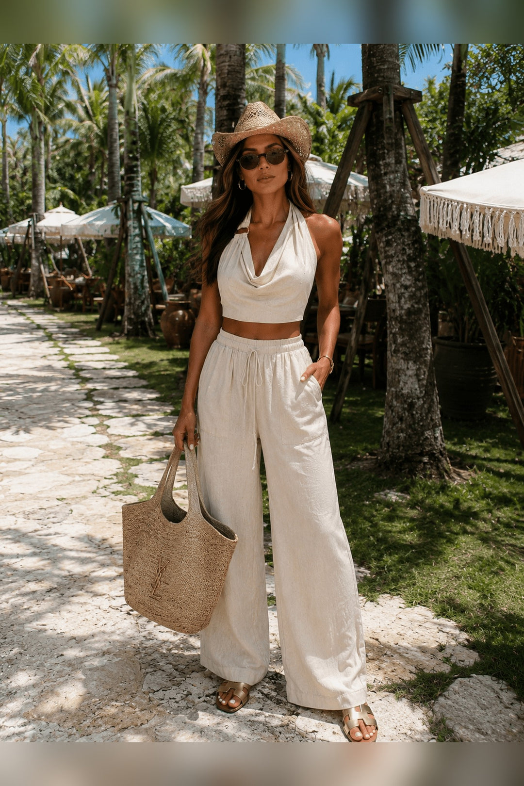 Beige Linen Halter Pants Set - STYLED BY ALX COUTUREOutfit Sets