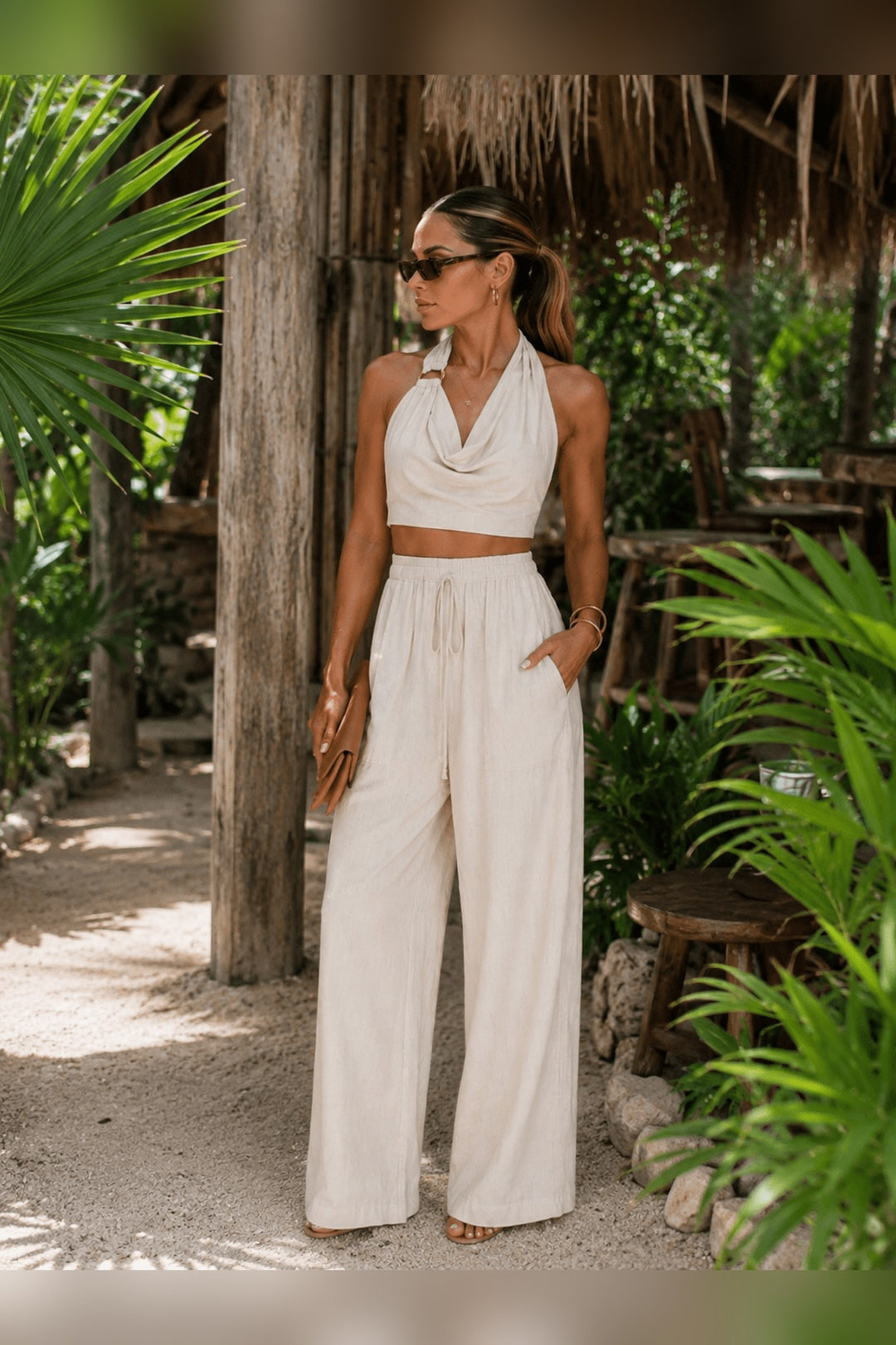 Beige Linen Halter Pants Set - STYLED BY ALX COUTUREOutfit Sets