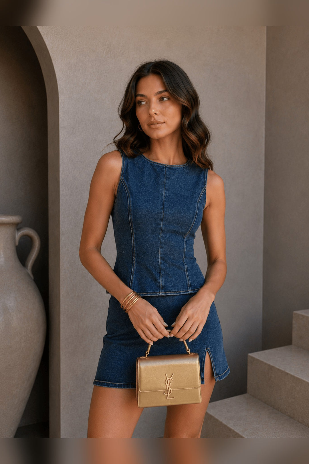 Open back styling on the denim crop top