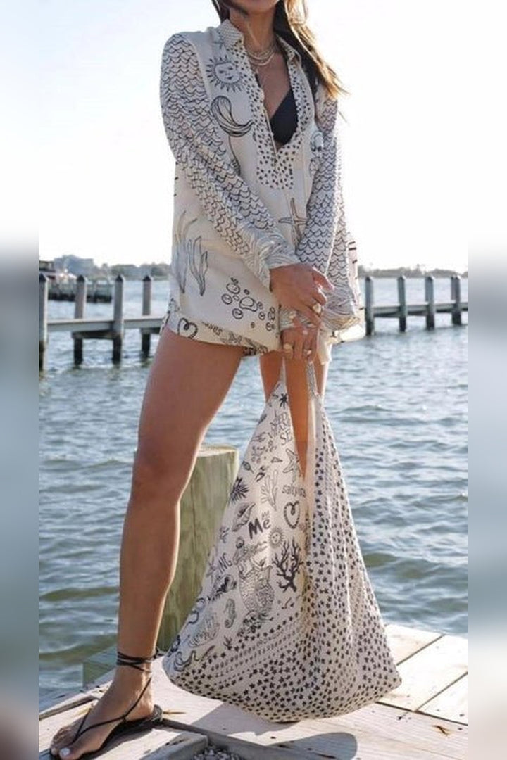 Ocean print V-neck top with tassel ties and matching shorts