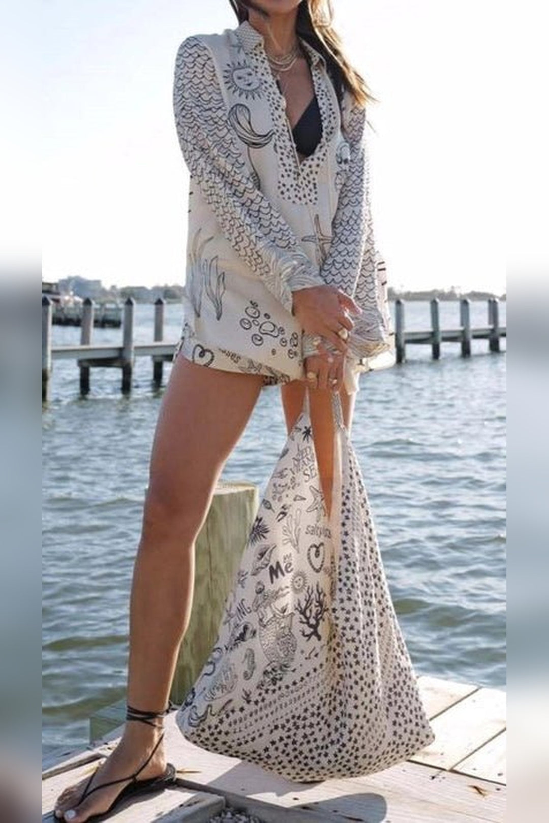 Ocean print V-neck top with tassel ties and matching shorts