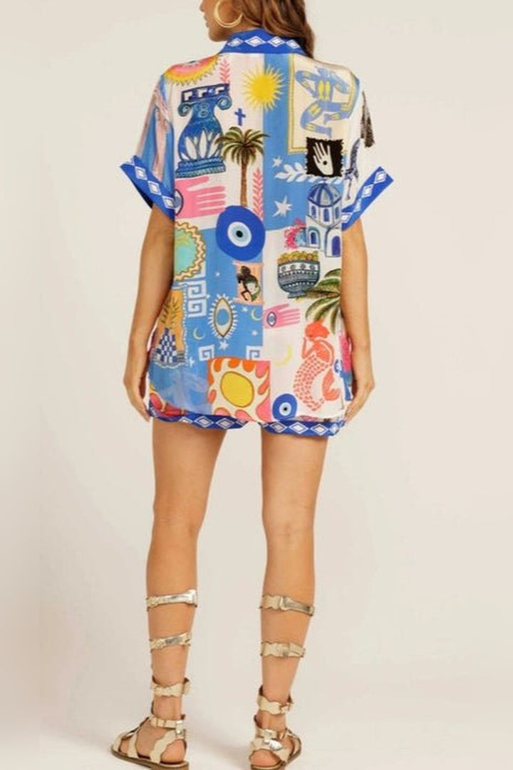 Retro print collared shirt and high-waisted shorts from STYLED BY ALX