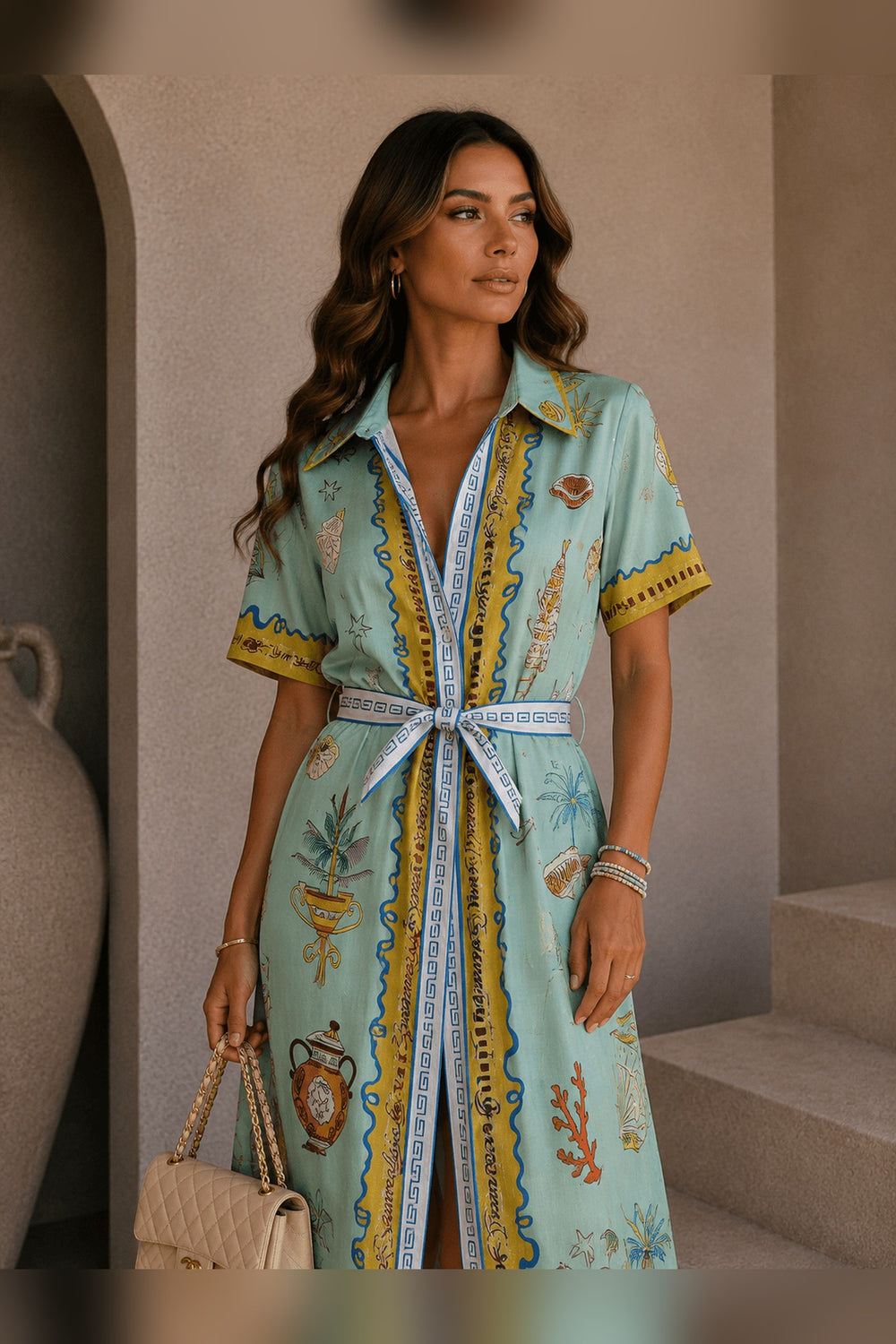 Maxi shirt dress with Greek mythology-inspired print
