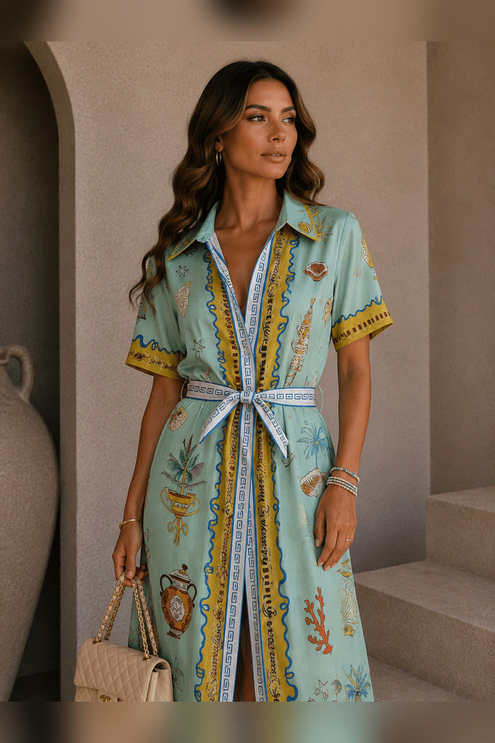 Maxi shirt dress with Greek mythology-inspired print