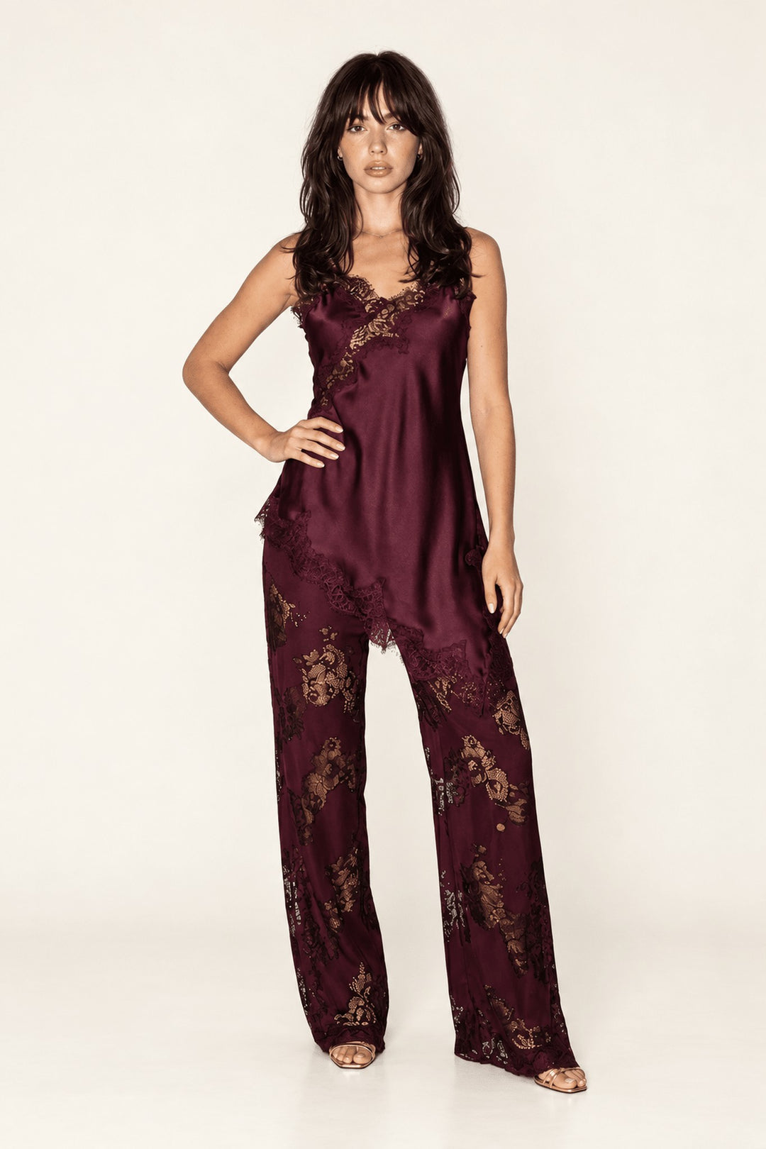 Burgundy Satin Lace Pants Set styled on a model, a fall outfit idea