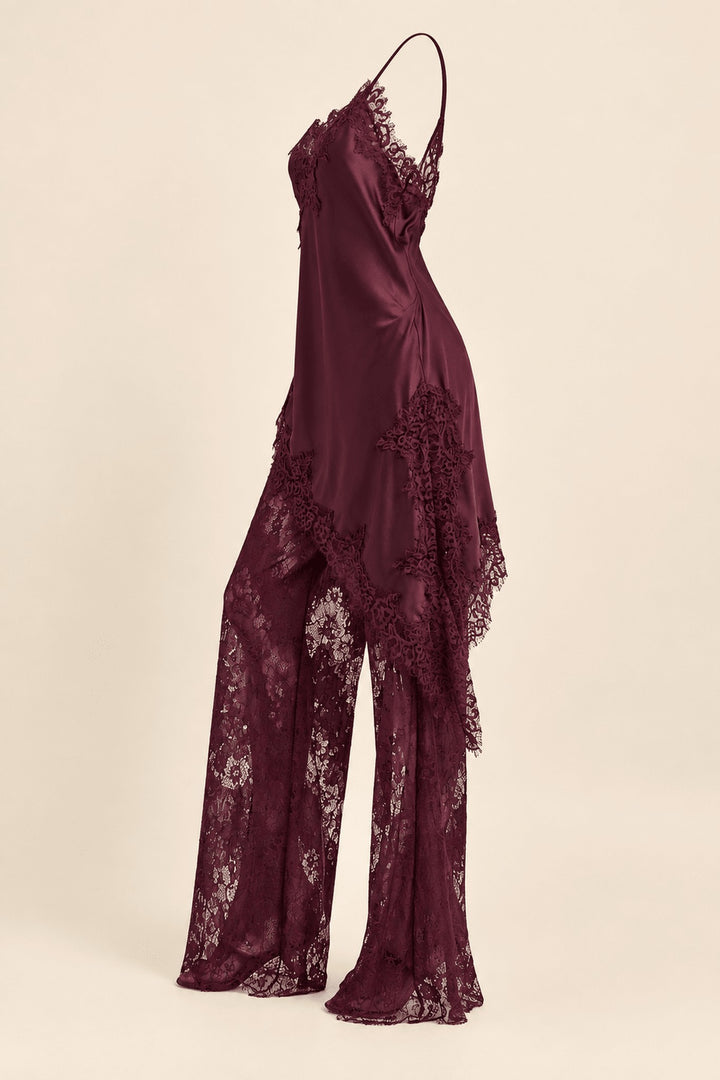 Burgundy Satin Lace Pants Set full-length styled view, a Thanksgiving dinner outfit