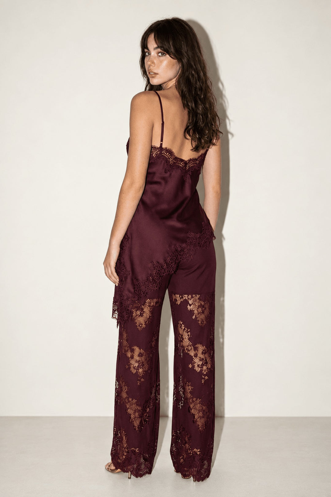 Burgundy Satin Lace Pants Set styled look for Christmas parties and New Year&