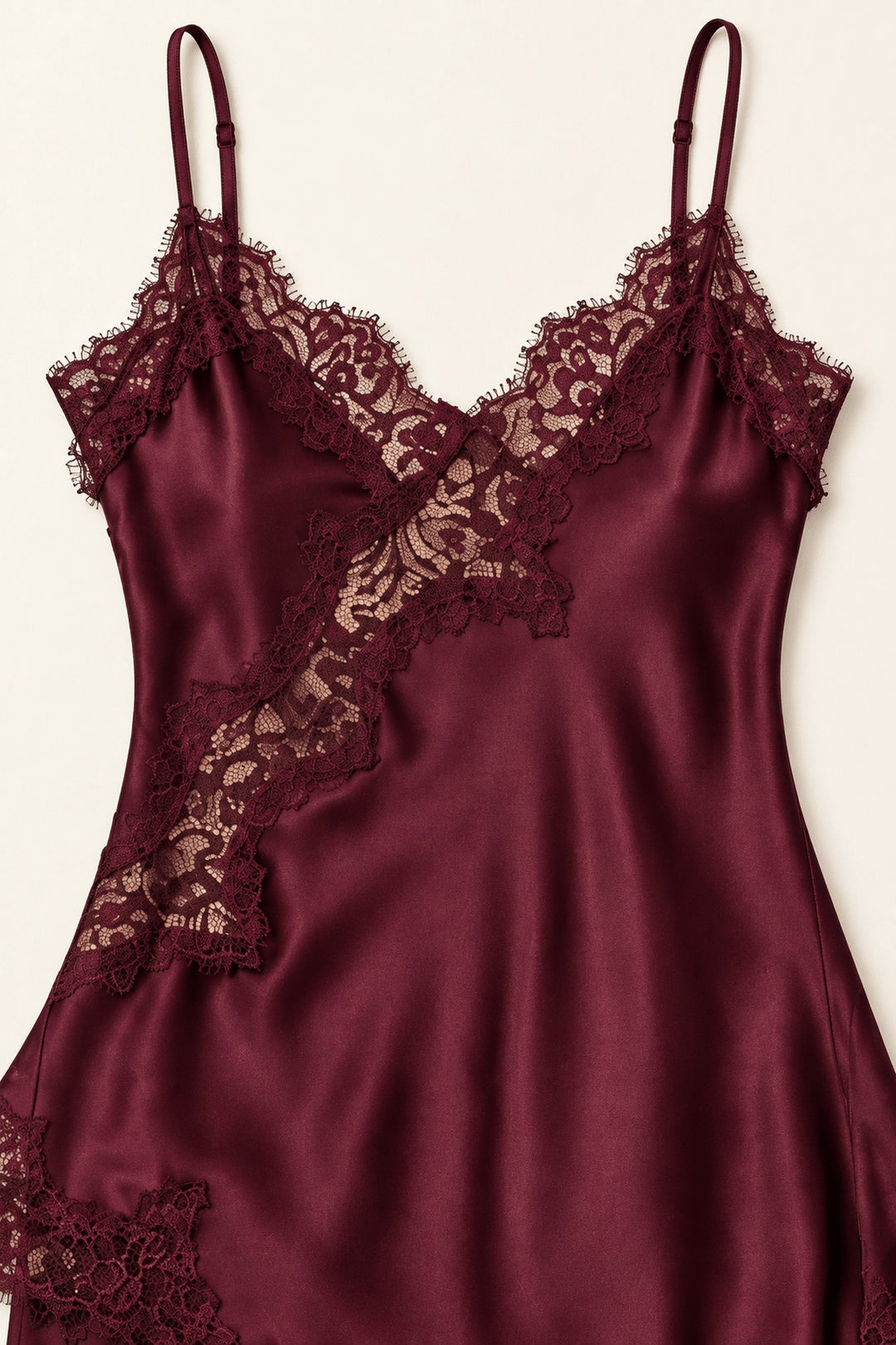 Burgundy Satin Lace Pants Set detail of the fit and fabric