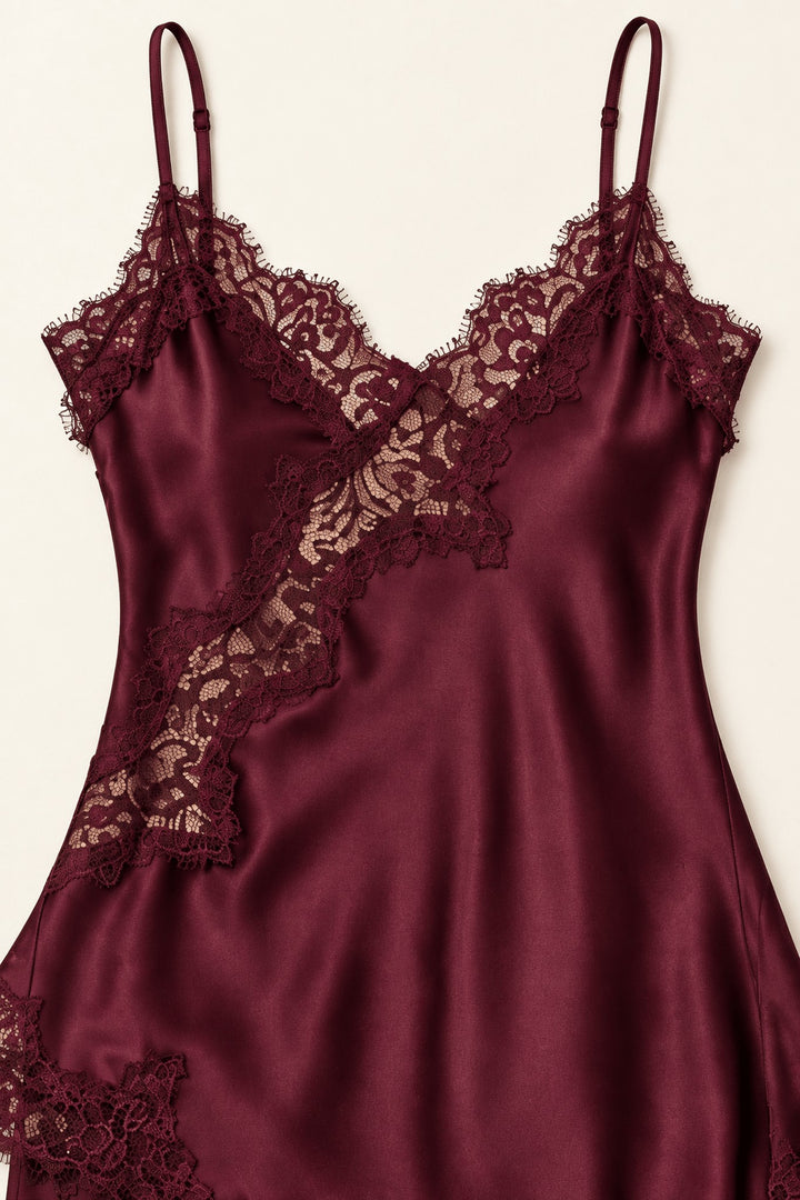 Burgundy Satin Lace Pants Set detail of the fit and fabric